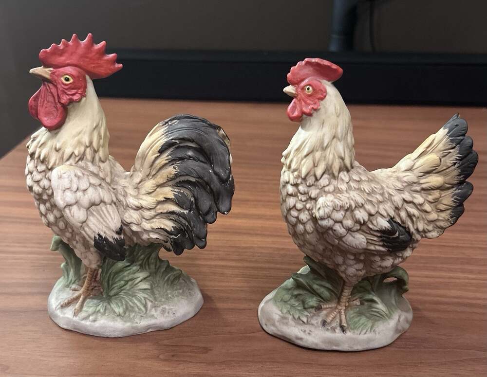 HOMCO Ceramic Rooster Hen Figurines #1445 #1446 Farmhouse Chicken Pair Vintage